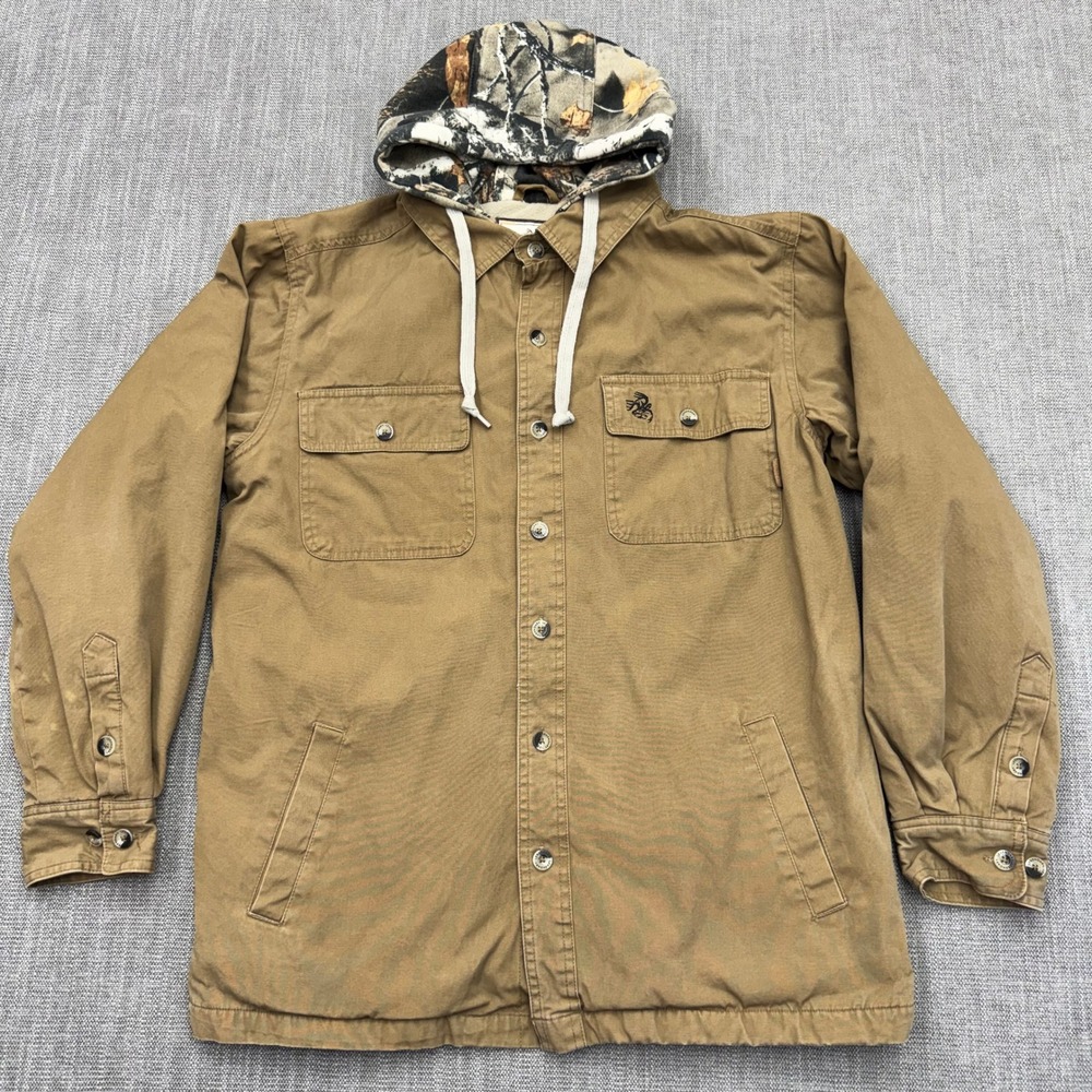 Legendary Whitetails Mens M Brown Canvas Jacket Camo Hood Fleece Lined Hunting